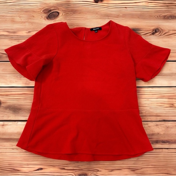 Madewell Red Short Sleeve Textured Peplum Blouse | XS - Picture 1 of 5